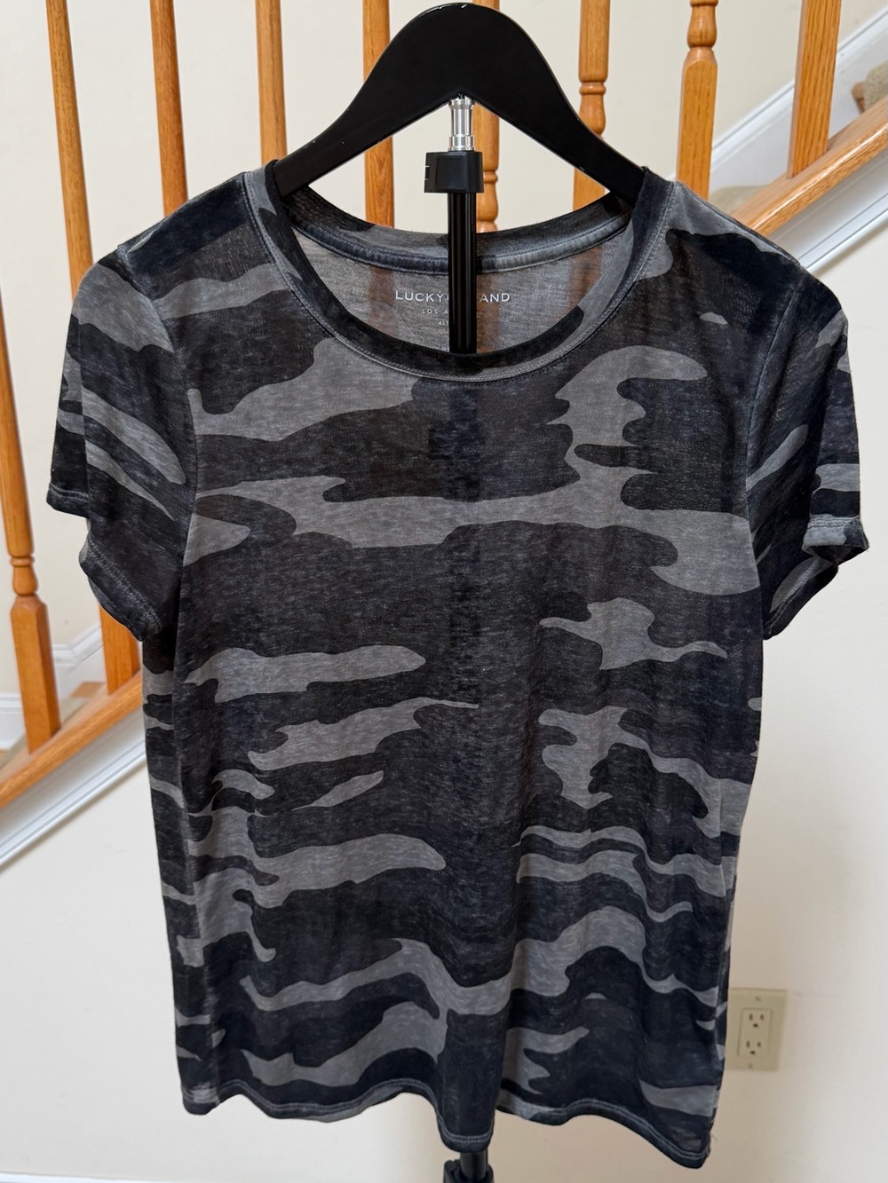 Lucky Brand Women's Short Sleeve Camouflage Tee in Black and Gray